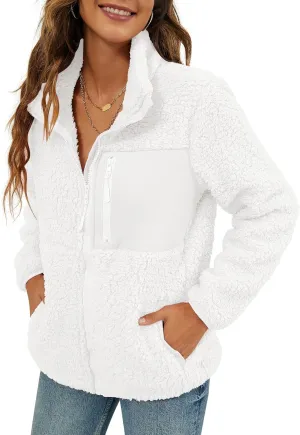VVK Women's Fashion Faux Shearling Shaggy Full Zip Coats Warm Winter Patchwork Jackets with Pocket