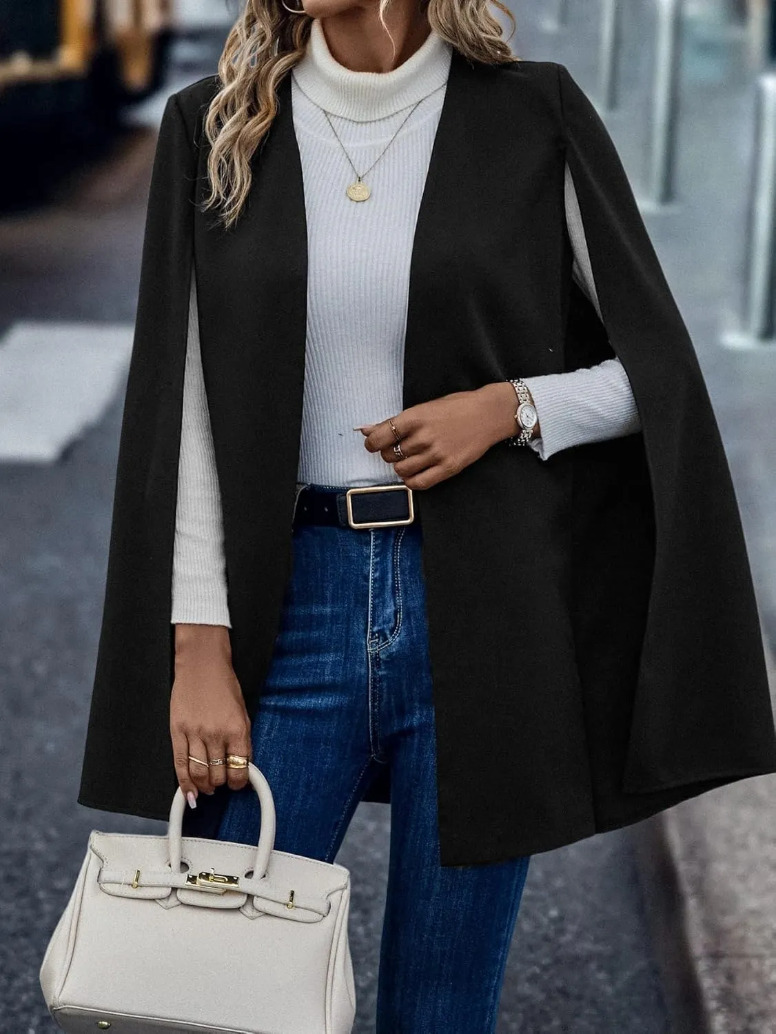 WDIRARA Women's Cape Blazer Cloak Split Sleeve Open Front Jacket Work Business Casual Blazer Solid Cape Coats