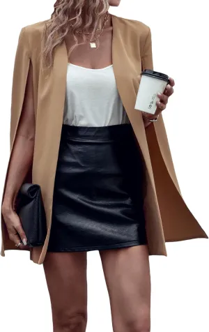 WDIRARA Women's Cape Blazer Cloak Split Sleeve Open Front Jacket Work Business Casual Blazer Solid Cape Coats
