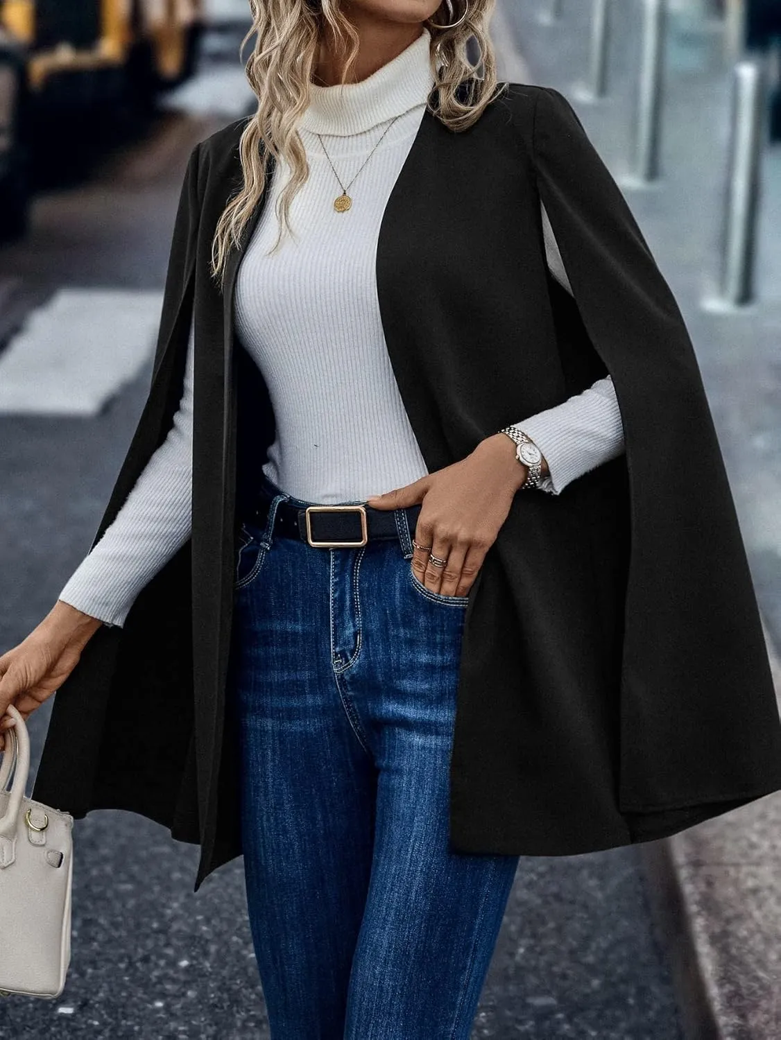 WDIRARA Women's Cape Blazer Cloak Split Sleeve Open Front Jacket Work Business Casual Blazer Solid Cape Coats
