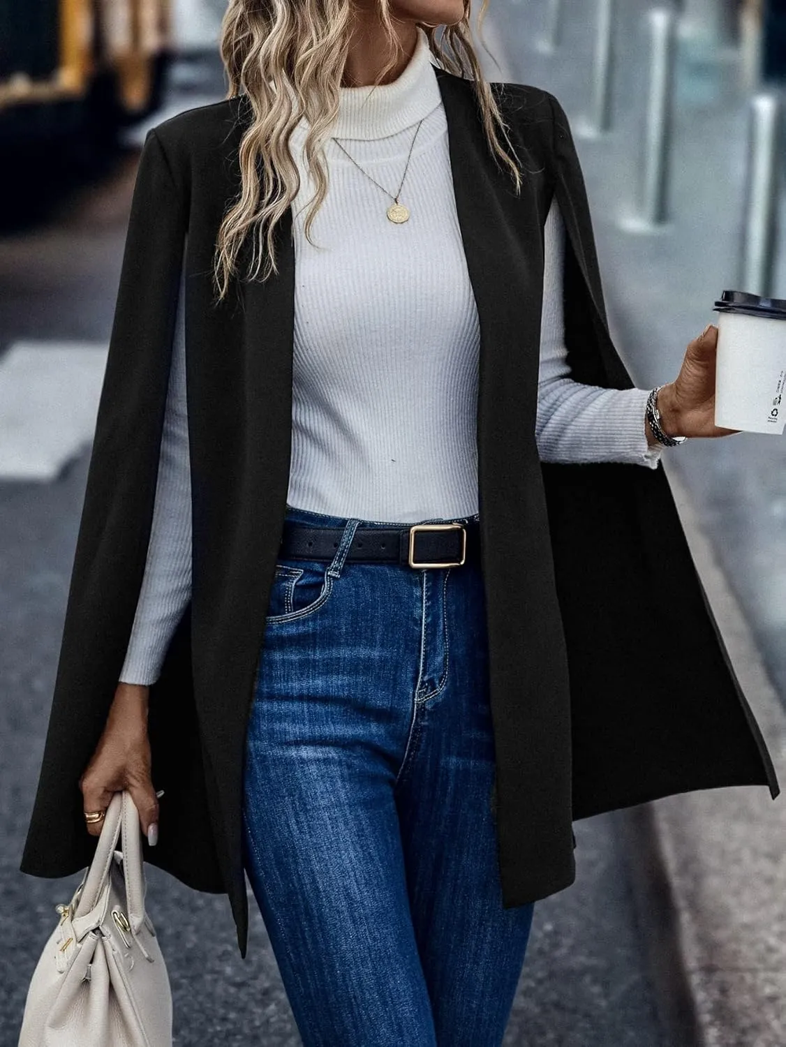 WDIRARA Women's Cape Blazer Cloak Split Sleeve Open Front Jacket Work Business Casual Blazer Solid Cape Coats