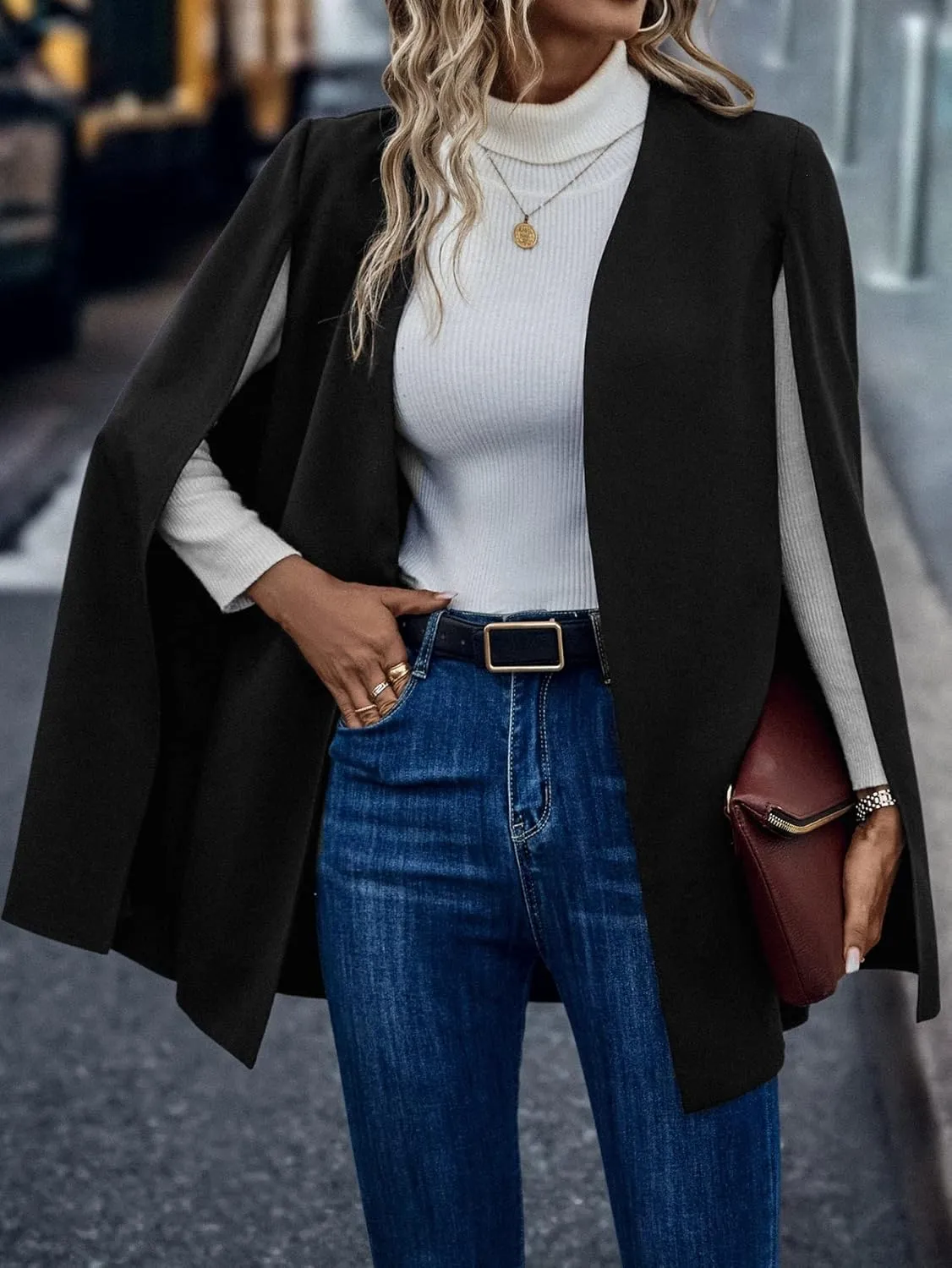 WDIRARA Women's Cape Blazer Cloak Split Sleeve Open Front Jacket Work Business Casual Blazer Solid Cape Coats