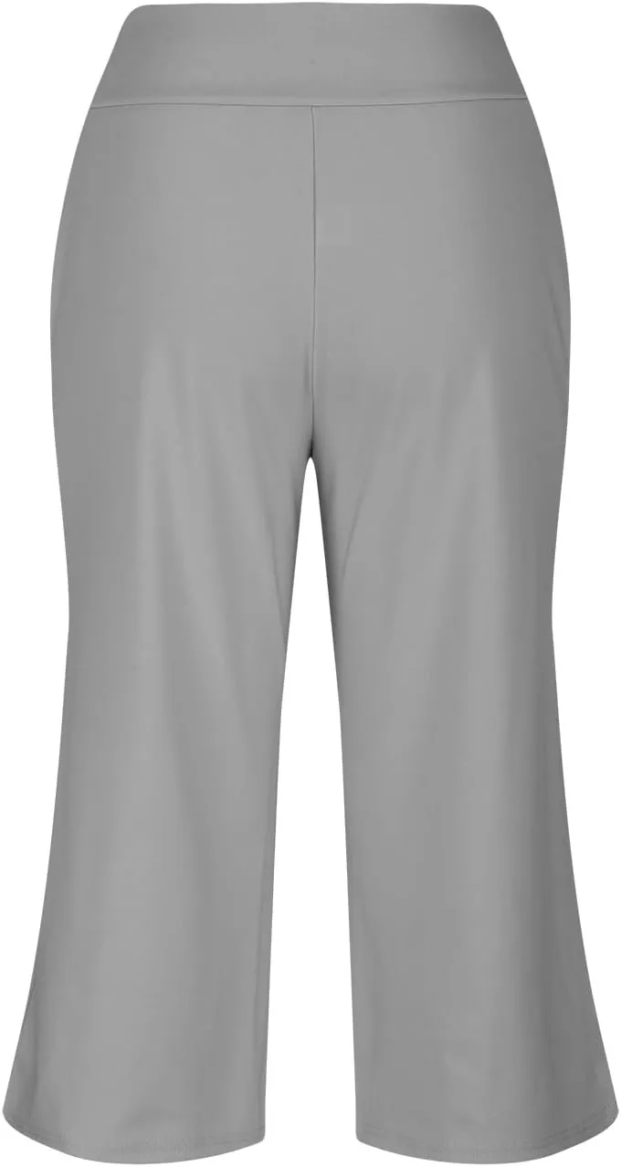 Wide Leg Capri Pants for Women Stretch High Waist Yoga Dress Capris Summer Loose Crossover Work Pants with Pockets