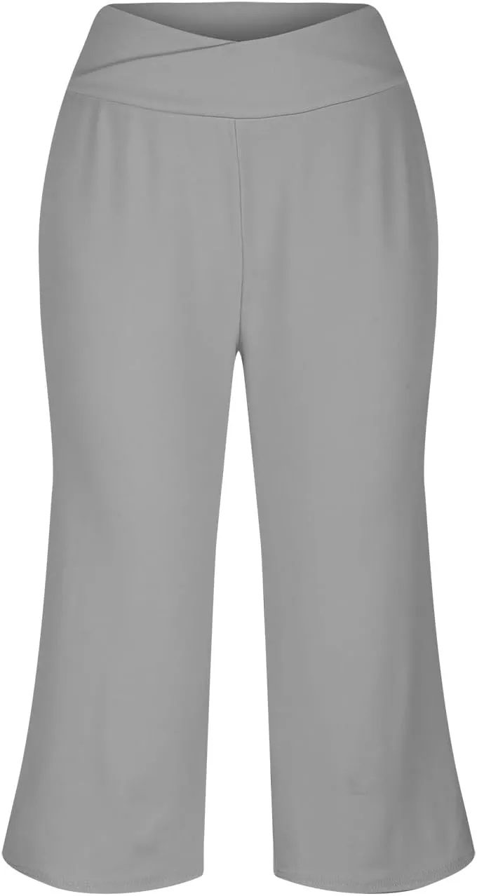 Wide Leg Capri Pants for Women Stretch High Waist Yoga Dress Capris Summer Loose Crossover Work Pants with Pockets