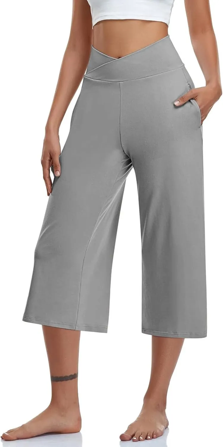 Wide Leg Capri Pants for Women Stretch High Waist Yoga Dress Capris Summer Loose Crossover Work Pants with Pockets