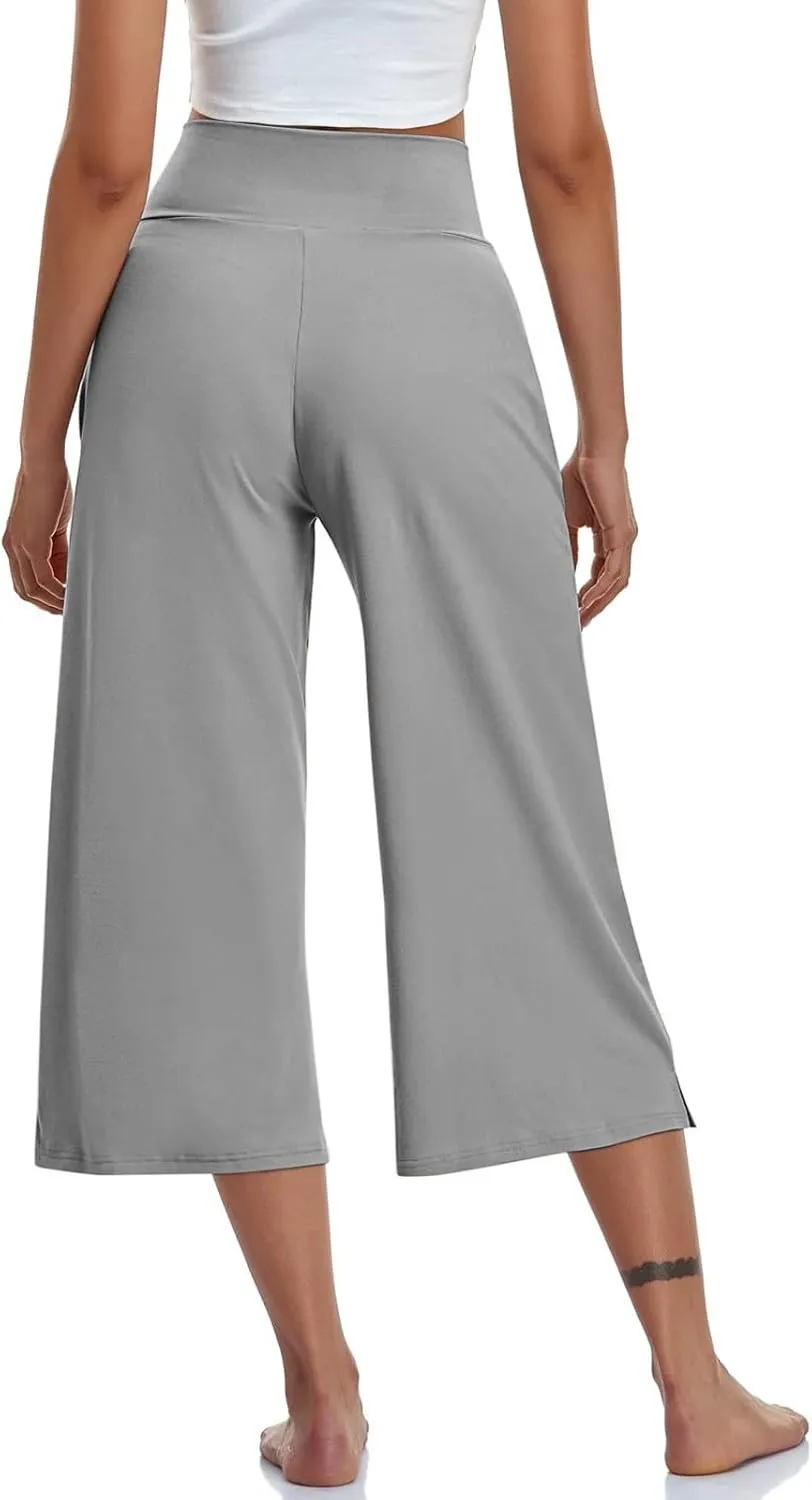 Wide Leg Capri Pants for Women Stretch High Waist Yoga Dress Capris Summer Loose Crossover Work Pants with Pockets
