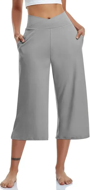 Wide Leg Capri Pants for Women Stretch High Waist Yoga Dress Capris Summer Loose Crossover Work Pants with Pockets
