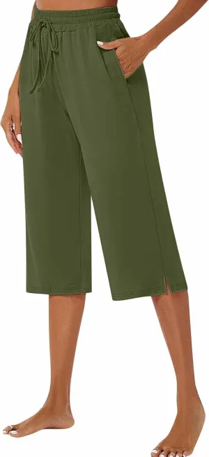 Wide Leg Capris for Women Baggy 2024 High Waisted Drawstring Sweatpants Casual Split Hem Athletic Pants with Pocket