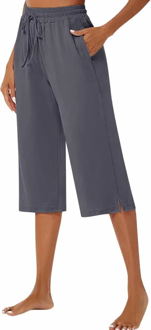 Wide Leg Capris for Women Baggy 2024 High Waisted Drawstring Sweatpants Casual Split Hem Athletic Pants with Pocket