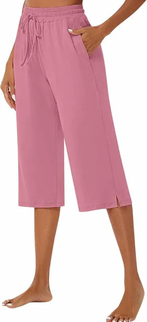 Wide Leg Capris for Women Baggy 2024 High Waisted Drawstring Sweatpants Casual Split Hem Athletic Pants with Pocket