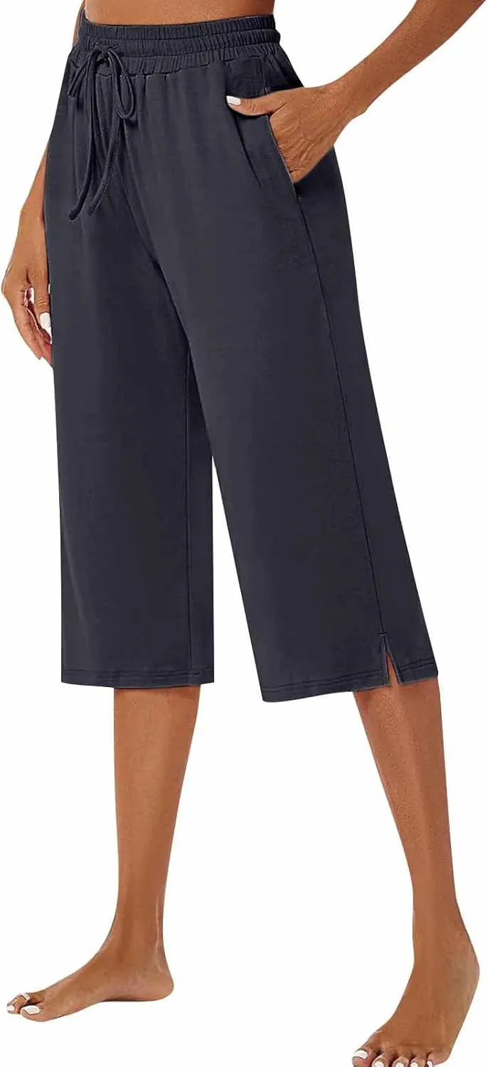 Wide Leg Capris for Women Baggy 2024 High Waisted Drawstring Sweatpants Casual Split Hem Athletic Pants with Pocket