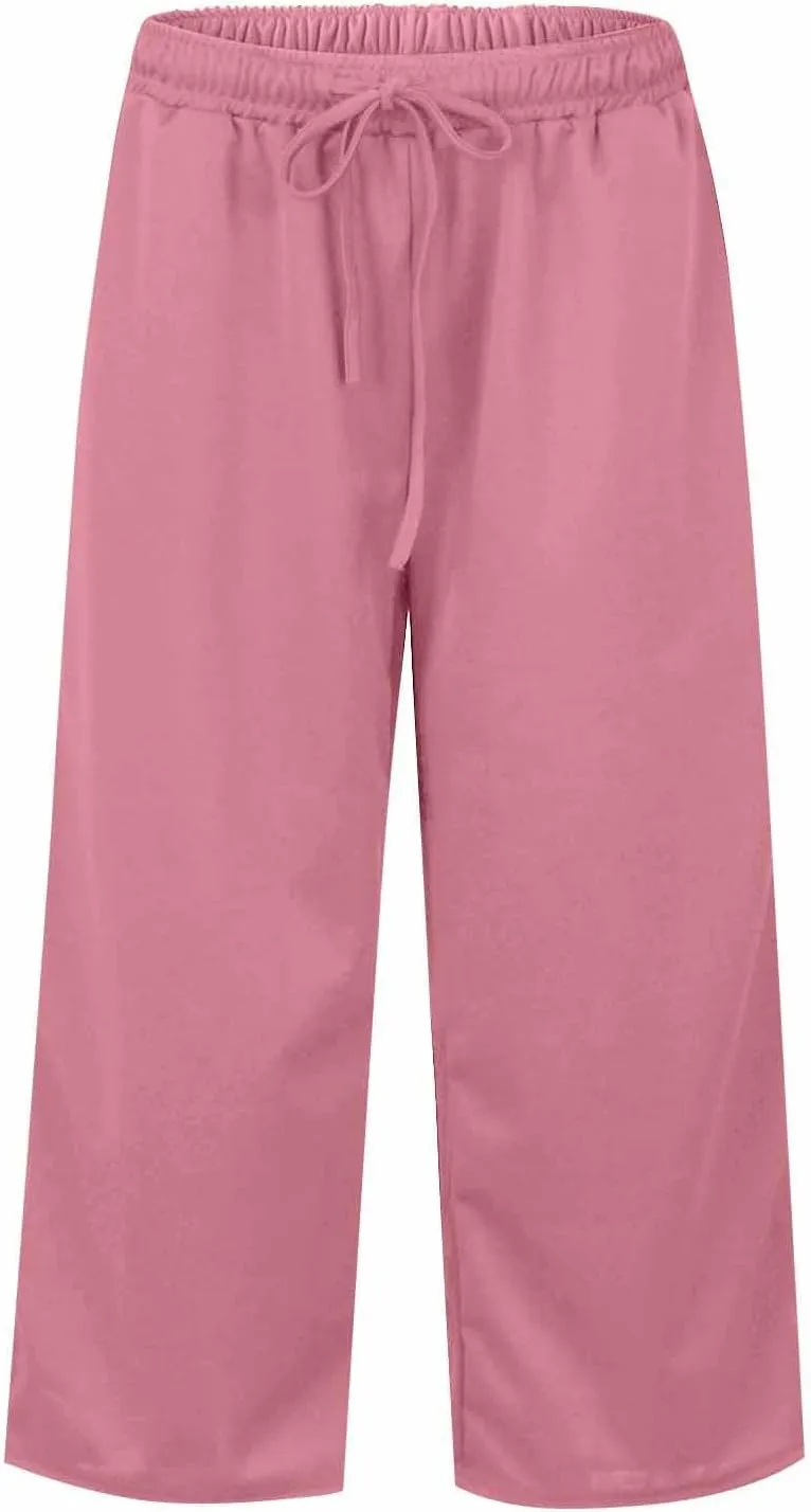Wide Leg Capris for Women Baggy 2024 High Waisted Drawstring Sweatpants Casual Split Hem Athletic Pants with Pocket