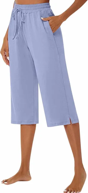 Wide Leg Capris for Women Baggy 2024 High Waisted Drawstring Sweatpants Casual Split Hem Athletic Pants with Pocket