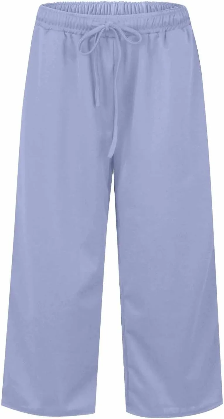 Wide Leg Capris for Women Baggy 2024 High Waisted Drawstring Sweatpants Casual Split Hem Athletic Pants with Pocket