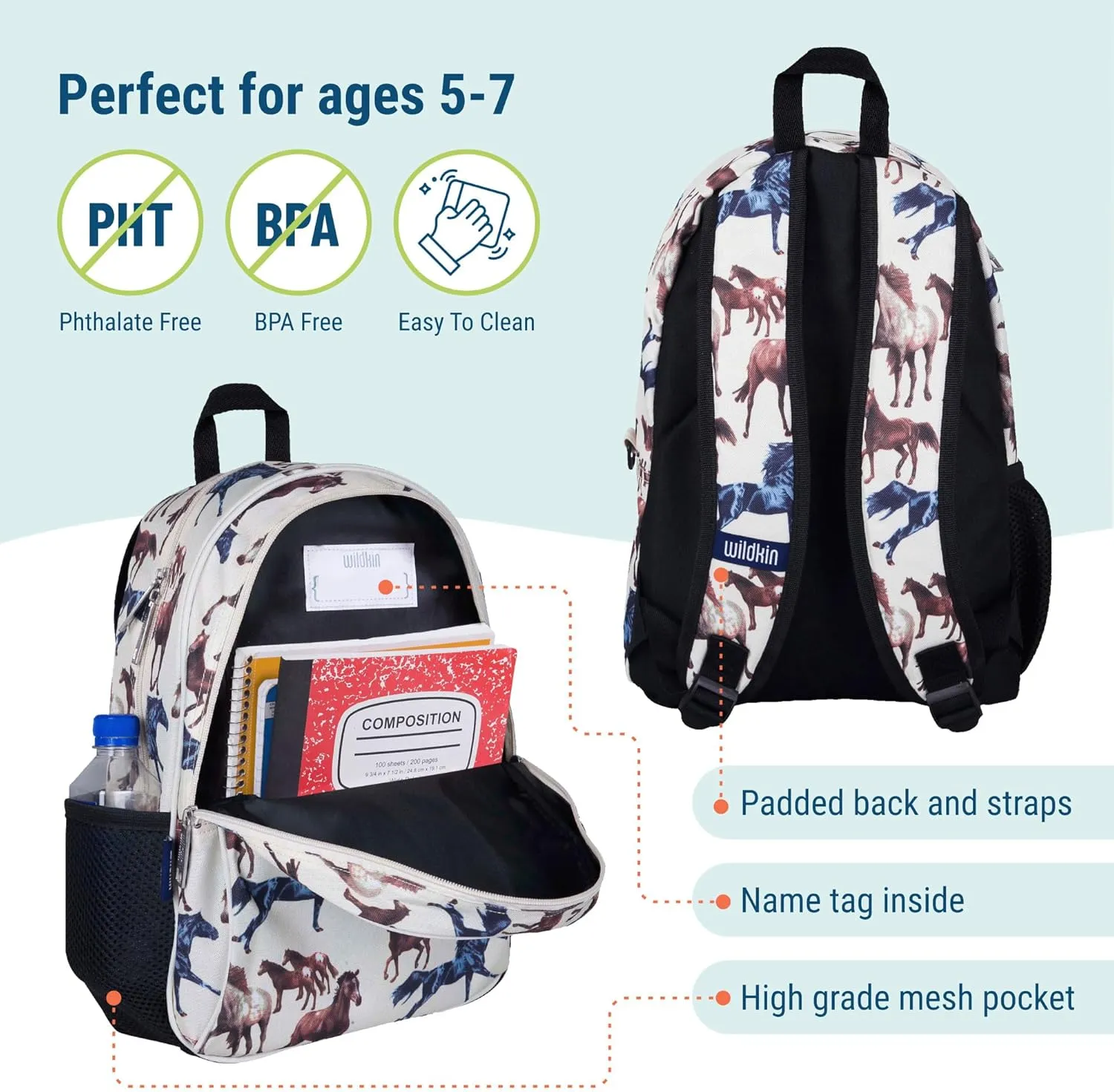 Wildkin 15-inch Kids Backpack  Durable, Padded, Adjustable for School & Travel - Horse Dreams