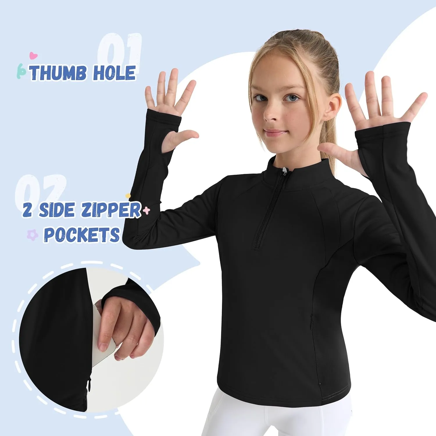 Willit Girls Fleece Long Sleeve Shirts Winter Horse Riding Jacket Half Zip Kids Sweatshirts Thermal Coat