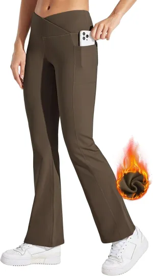 Willit Women's Fleece Lined Pants Yoga Crossover Leggings Bootcut Thermal Winter Pants Flare Leggings Water Resistant