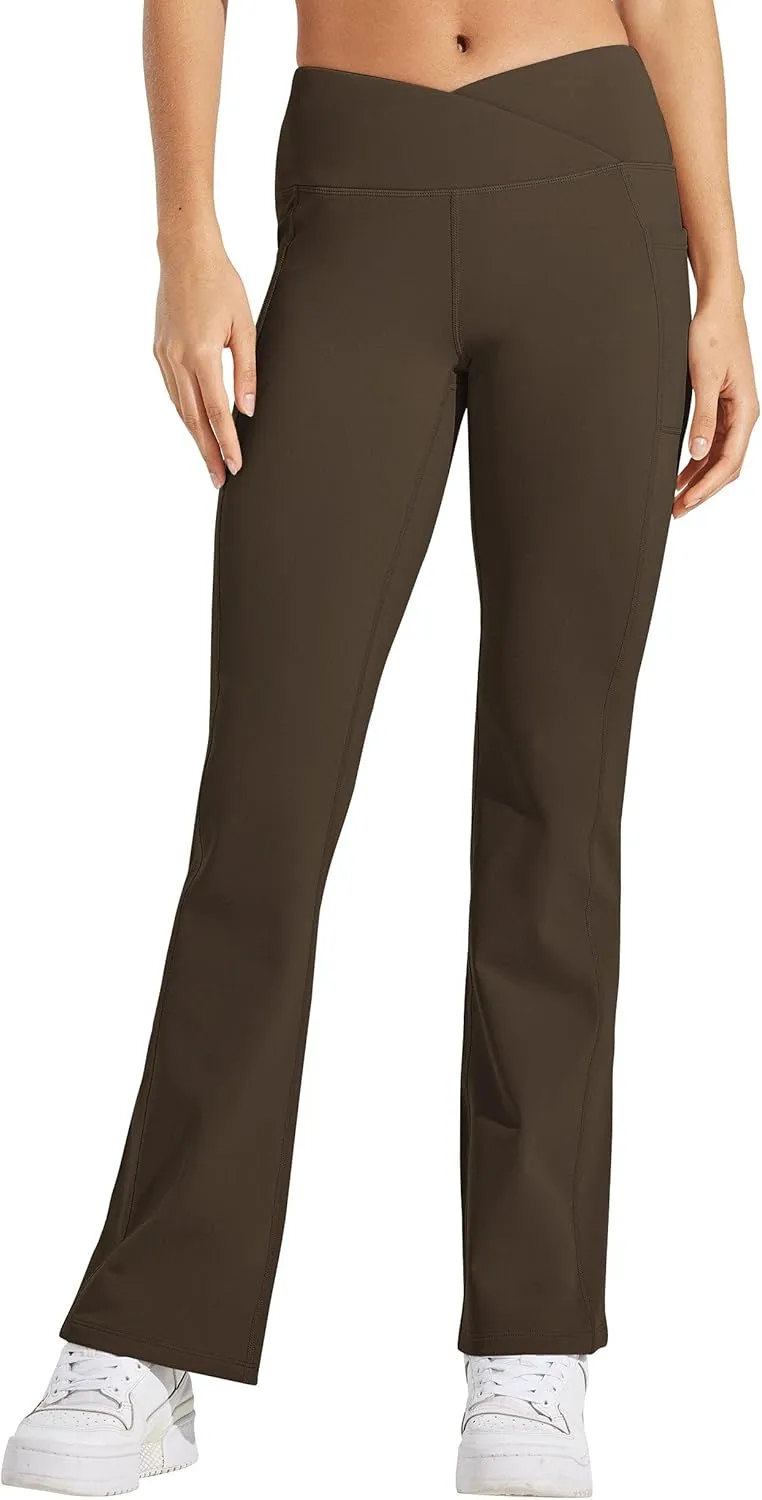 Willit Women's Fleece Lined Pants Yoga Crossover Leggings Bootcut Thermal Winter Pants Flare Leggings Water Resistant