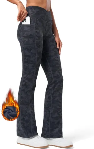 Willit Women's Fleece Lined Pants Yoga Crossover Leggings Bootcut Thermal Winter Pants Flare Leggings Water Resistant