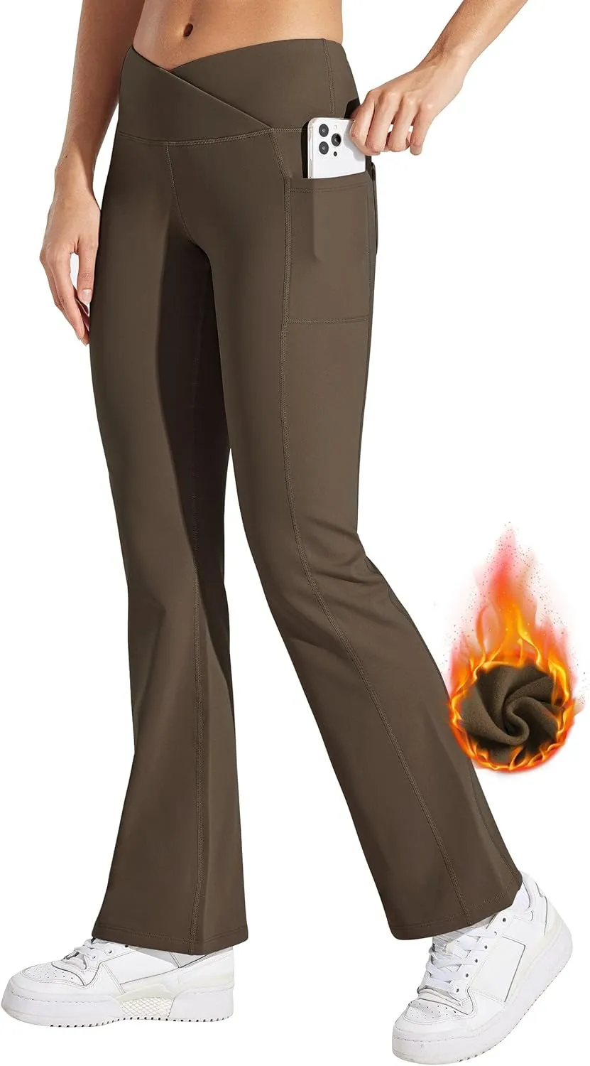 Willit Women's Fleece Lined Pants Yoga Crossover Leggings Bootcut Thermal Winter Pants Flare Leggings Water Resistant