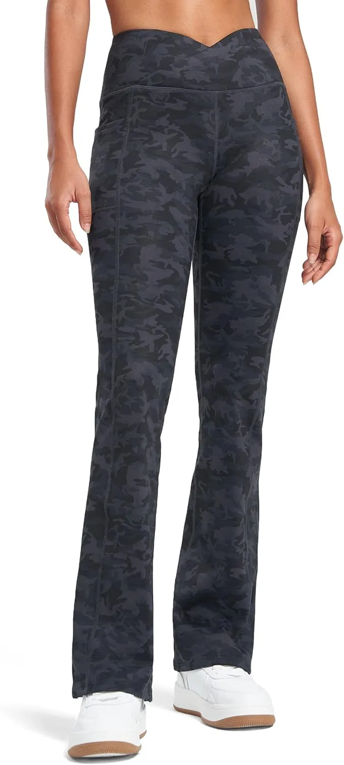 Willit Women's Fleece Lined Pants Yoga Crossover Leggings Bootcut Thermal Winter Pants Flare Leggings Water Resistant