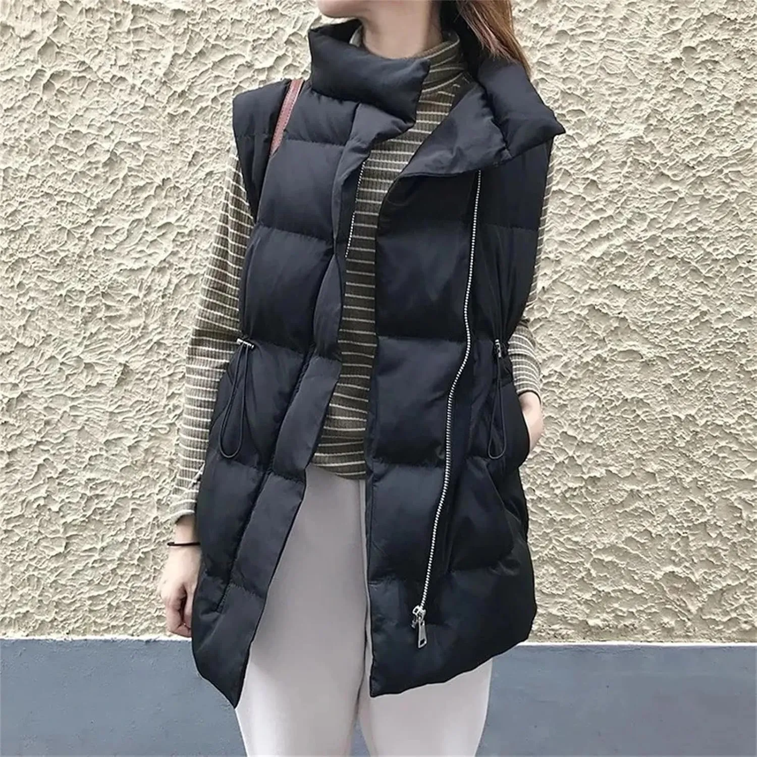 Winter Vest Jacket Women Warm Sleeveless Coat Casual Down Long Vest Slim Solid Color Cotton Padded Waistcoat Femme