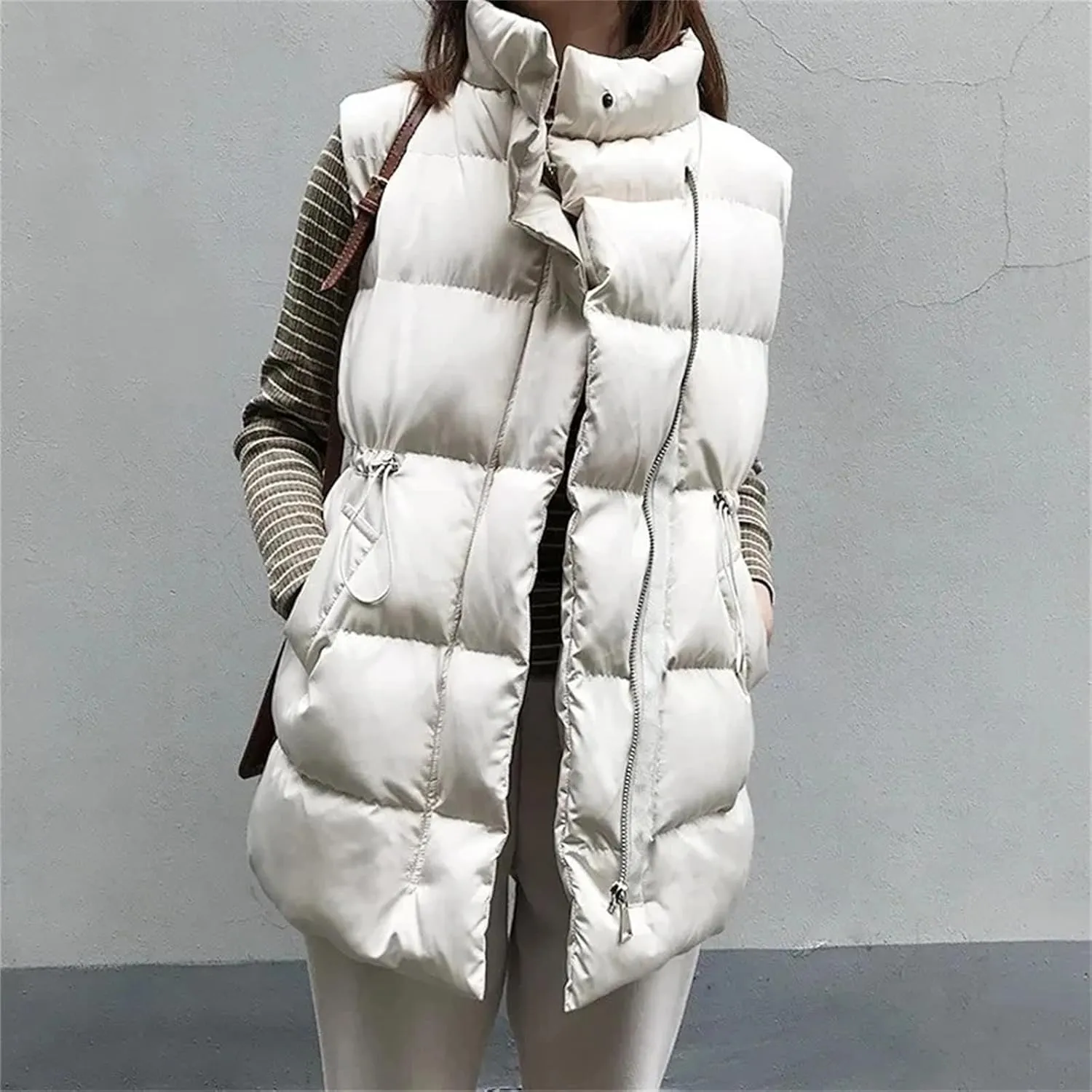 Winter Vest Jacket Women Warm Sleeveless Coat Casual Down Long Vest Slim Solid Color Cotton Padded Waistcoat Femme