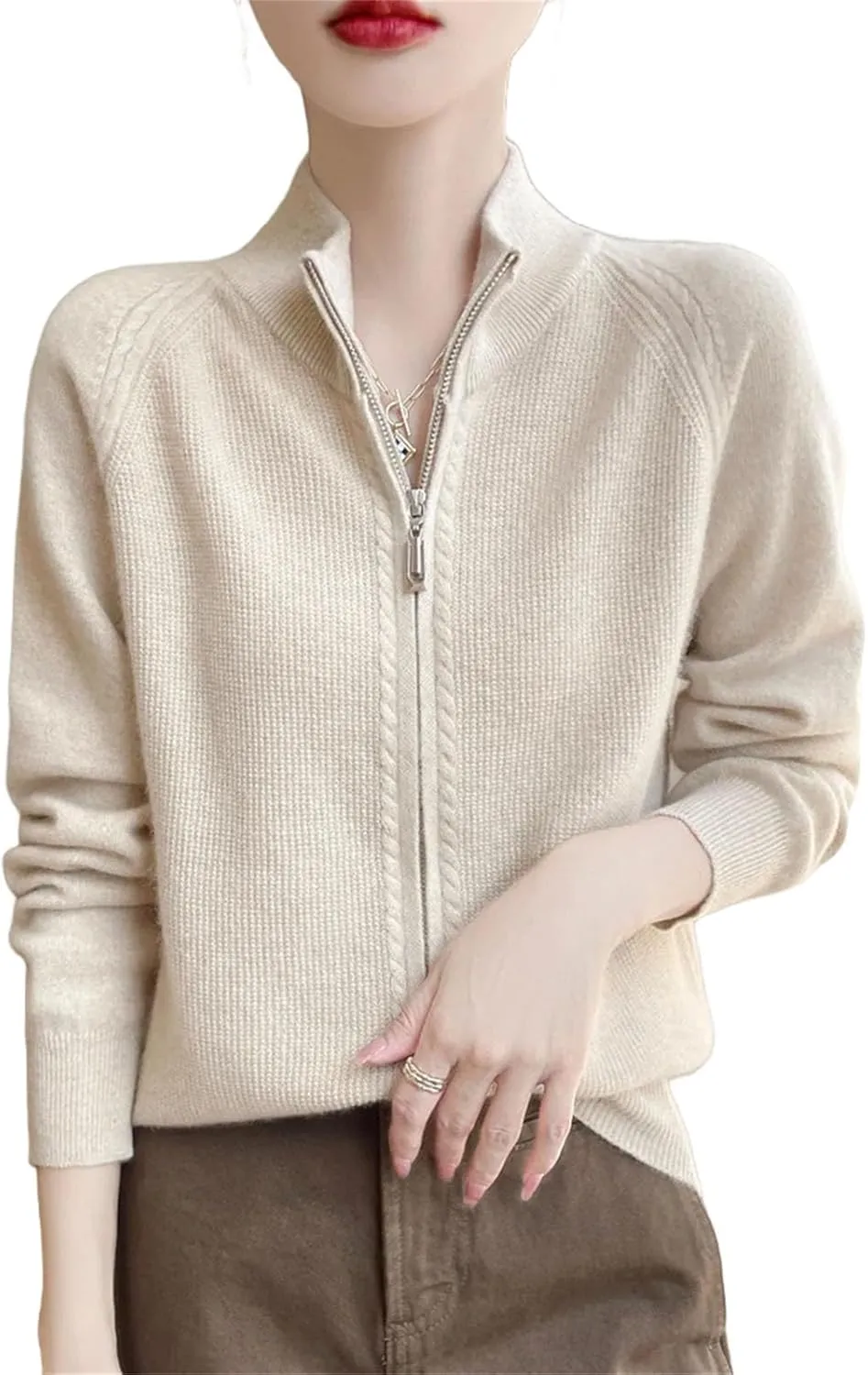 Women 100% Merino Wool Soft Sweater Cardigan Zipper Knitwear Long Sleeve Wool Sweater Female Tops