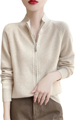 Women 100% Merino Wool Soft Sweater Cardigan Zipper Knitwear Long Sleeve Wool Sweater Female Tops