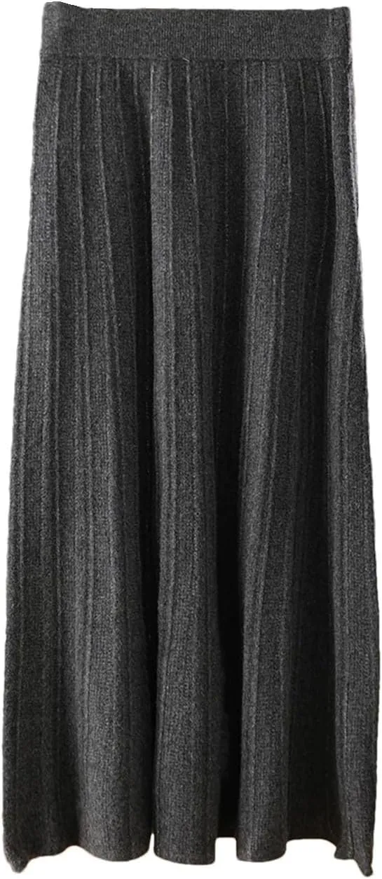 Women 100 Percent Merino Wool Pleated A-Line Skirt Office Lady Work Skirt Elastic Waist Weekend Skirt Female Midi Skirt
