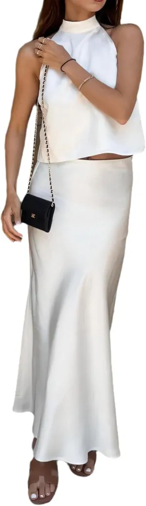 Women 2 Piece Outfits Tie Halter Neck Sleeveless Top Maxi Skirt Elegant White Satin 2 Piece Sets for Women