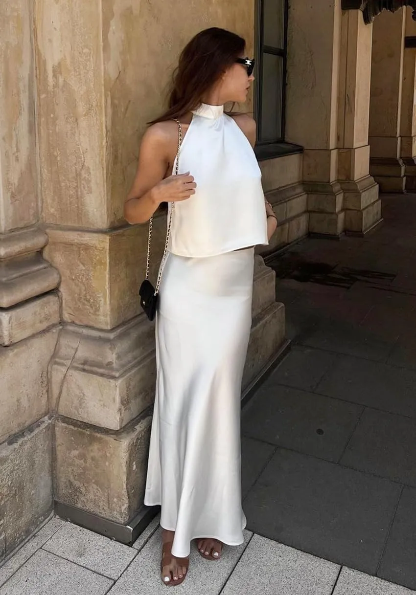Women 2 Piece Outfits Tie Halter Neck Sleeveless Top Maxi Skirt Elegant White Satin 2 Piece Sets for Women