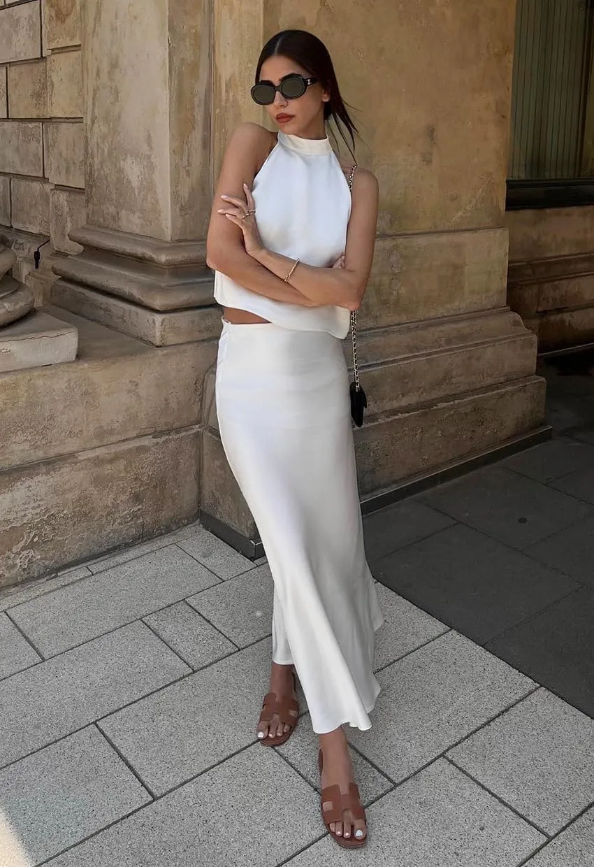 Women 2 Piece Outfits Tie Halter Neck Sleeveless Top Maxi Skirt Elegant White Satin 2 Piece Sets for Women