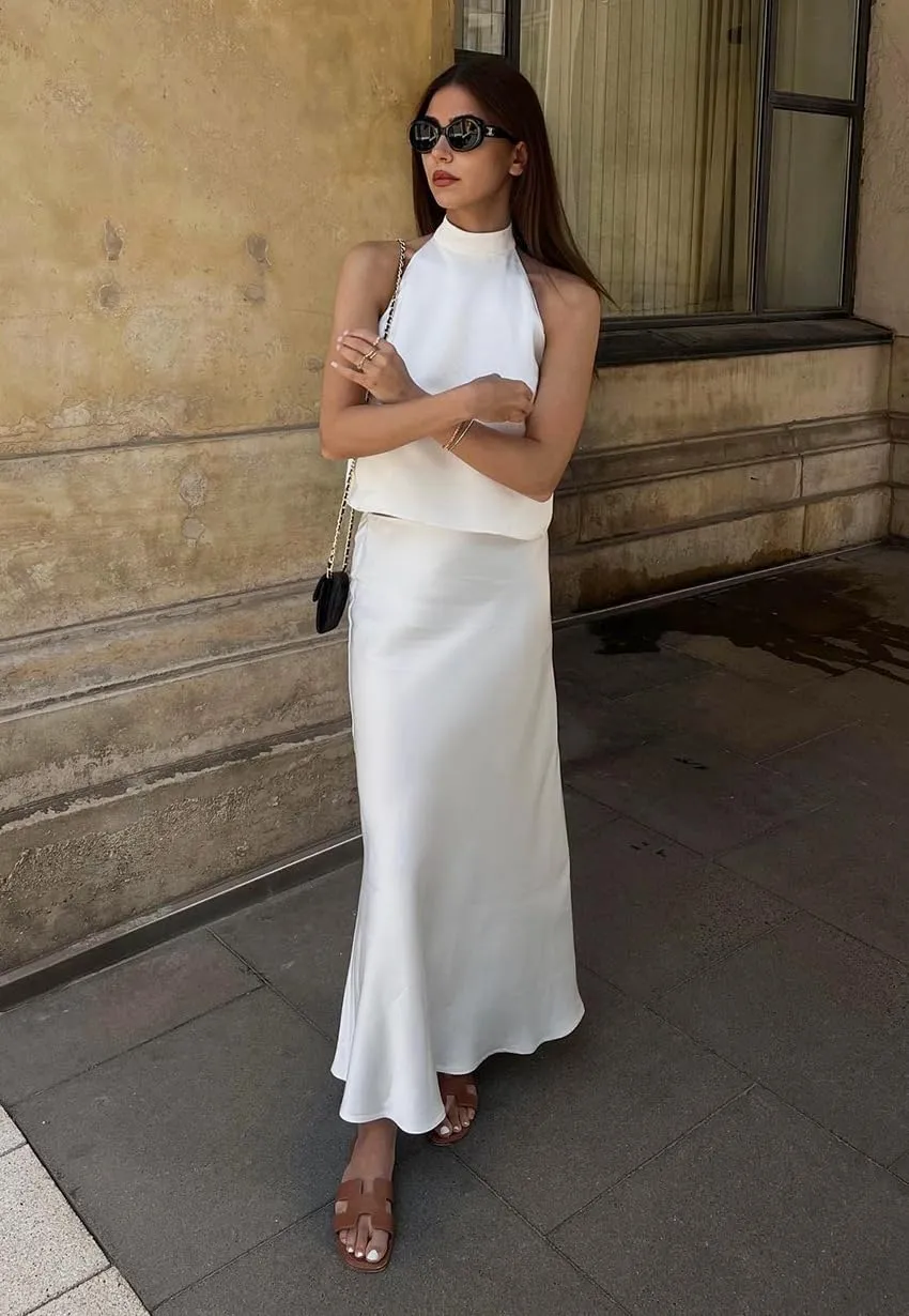 Women 2 Piece Outfits Tie Halter Neck Sleeveless Top Maxi Skirt Elegant White Satin 2 Piece Sets for Women