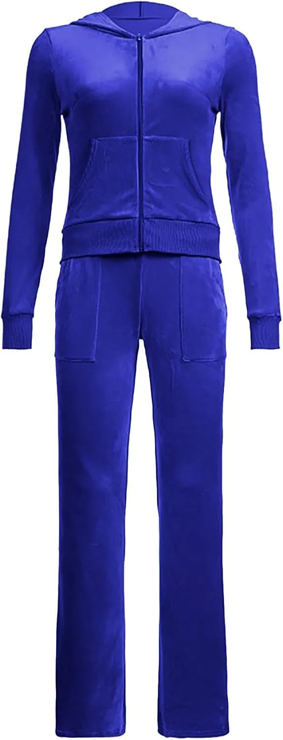Women 2 Piece Velour Tracksuits Long Sleeve Full Zip Hoodie Cropped Jacket and Sweatpants Velvet Y2K Sweatsuit Set