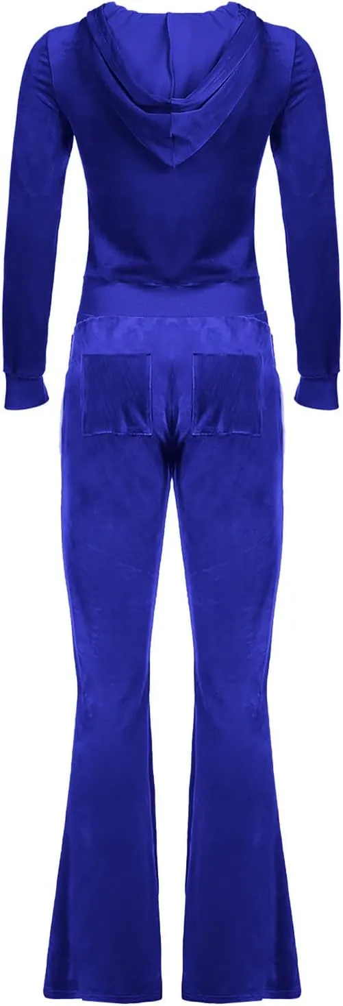 Women 2 Piece Velour Tracksuits Long Sleeve Full Zip Hoodie Cropped Jacket and Sweatpants Velvet Y2K Sweatsuit Set