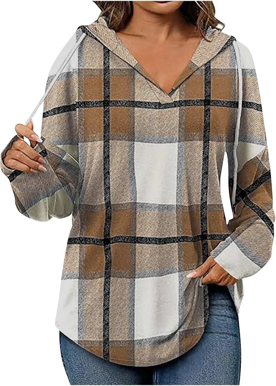 Women 2024 Hoodies Long Sleeve Drawstring Plaid Hooded Pullover Sweaters Causl Loose Tunic Tops Fashion on Clothes Khaki L