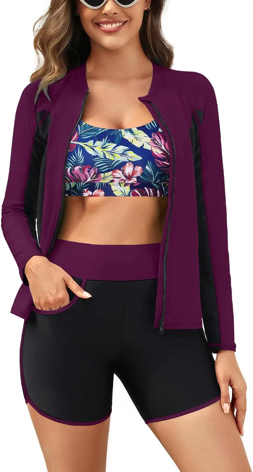 Women 3 Piece Rash Guard - Long Sleeve Swimsuit Built in Bra Swim Shirt Zip Bathing Suit with Pocket Shorts