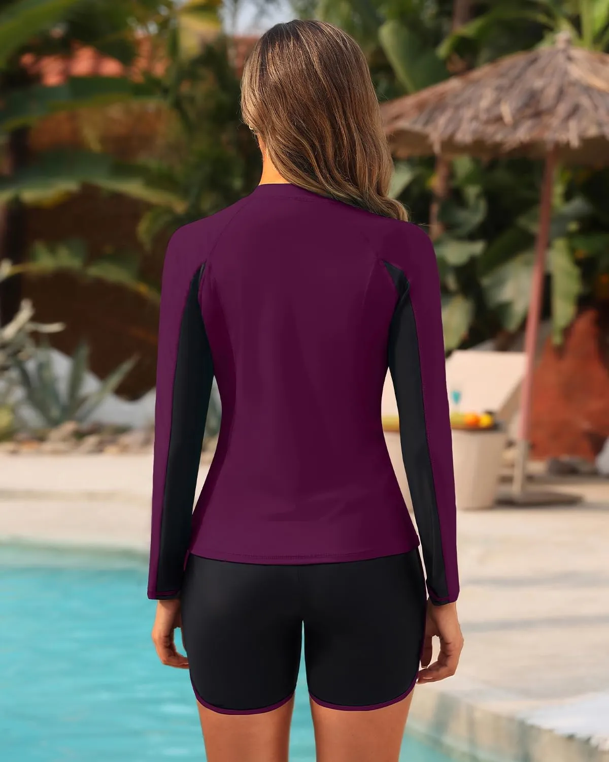 Women 3 Piece Rash Guard - Long Sleeve Swimsuit Built in Bra Swim Shirt Zip Bathing Suit with Pocket Shorts