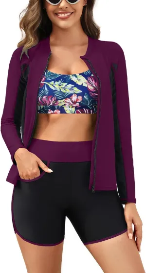 Women 3 Piece Rash Guard - Long Sleeve Swimsuit Built in Bra Swim Shirt Zip Bathing Suit with Pocket Shorts