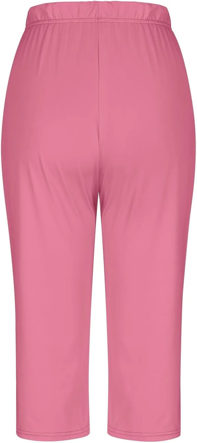Women Capri Cropped Trousers Elasticated Waist Pants 3/4 Length Leggings Summer Trouser High Waisted Sweatpants
