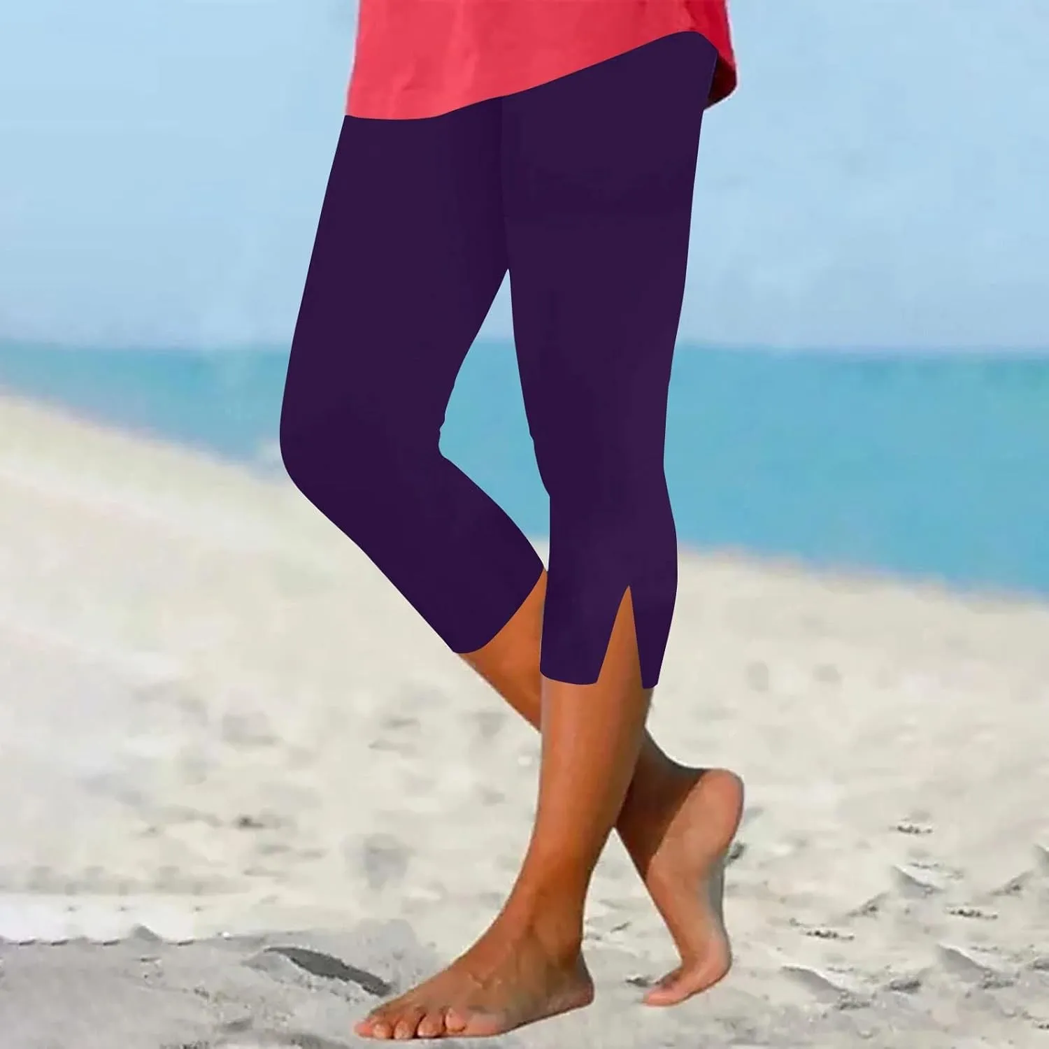 Women Capri Cropped Trousers Elasticated Waist Pants 3/4 Length Leggings Summer Trouser High Waisted Sweatpants