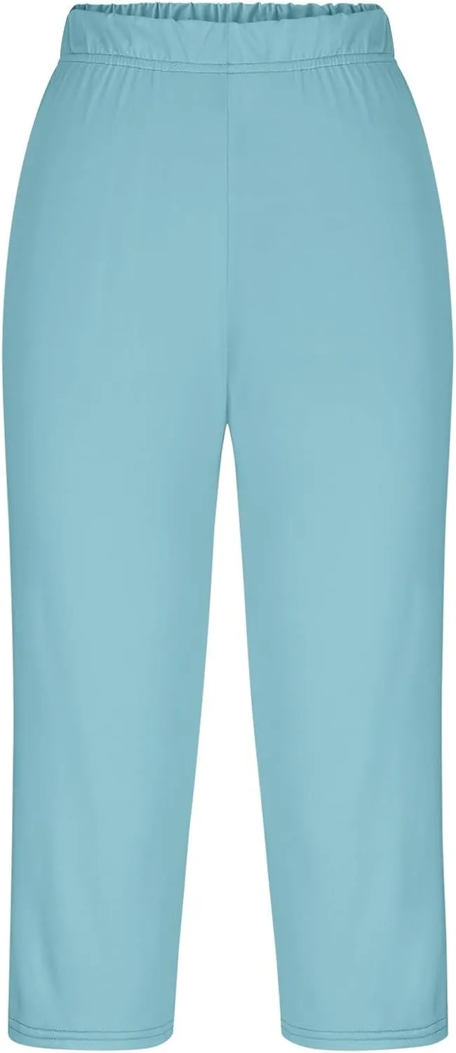 Women Capri Cropped Trousers Elasticated Waist Pants 3/4 Length Leggings Summer Trouser High Waisted Sweatpants