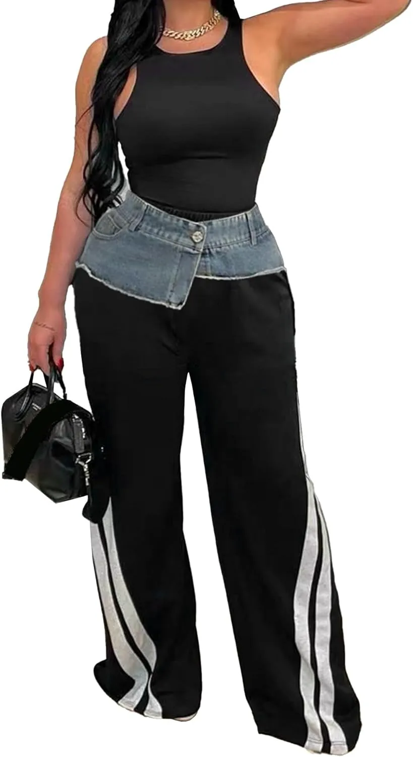 Women Cargo Sweatpants Denim High Waisted Baggy Wide Leg Boyfriend Loose Striped Pants Y2k