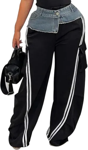 Women Cargo Sweatpants Denim High Waisted Baggy Wide Leg Boyfriend Loose Striped Pants Y2k