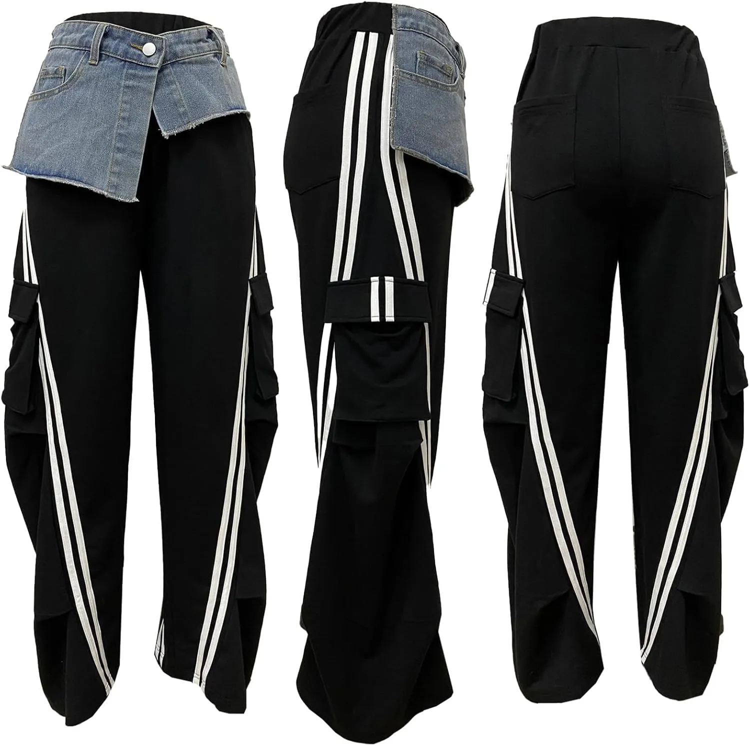 Women Cargo Sweatpants Denim High Waisted Baggy Wide Leg Boyfriend Loose Striped Pants Y2k