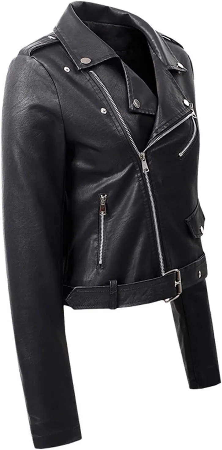 Women Classic Faux Leather Jacket Zip Up Outwear Lapel Biker Short Coat Ladies Moto Jackets Motorcycle Cardigan