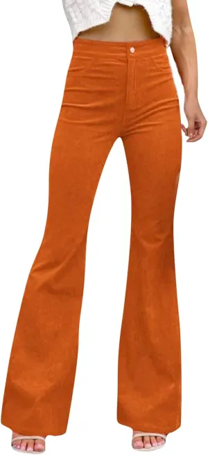 Women Corduroy Flare Pants Elastic Waist Bell Bottom Trousers Vintage High Waisted Loose Bootcut Flared Pants Y2K