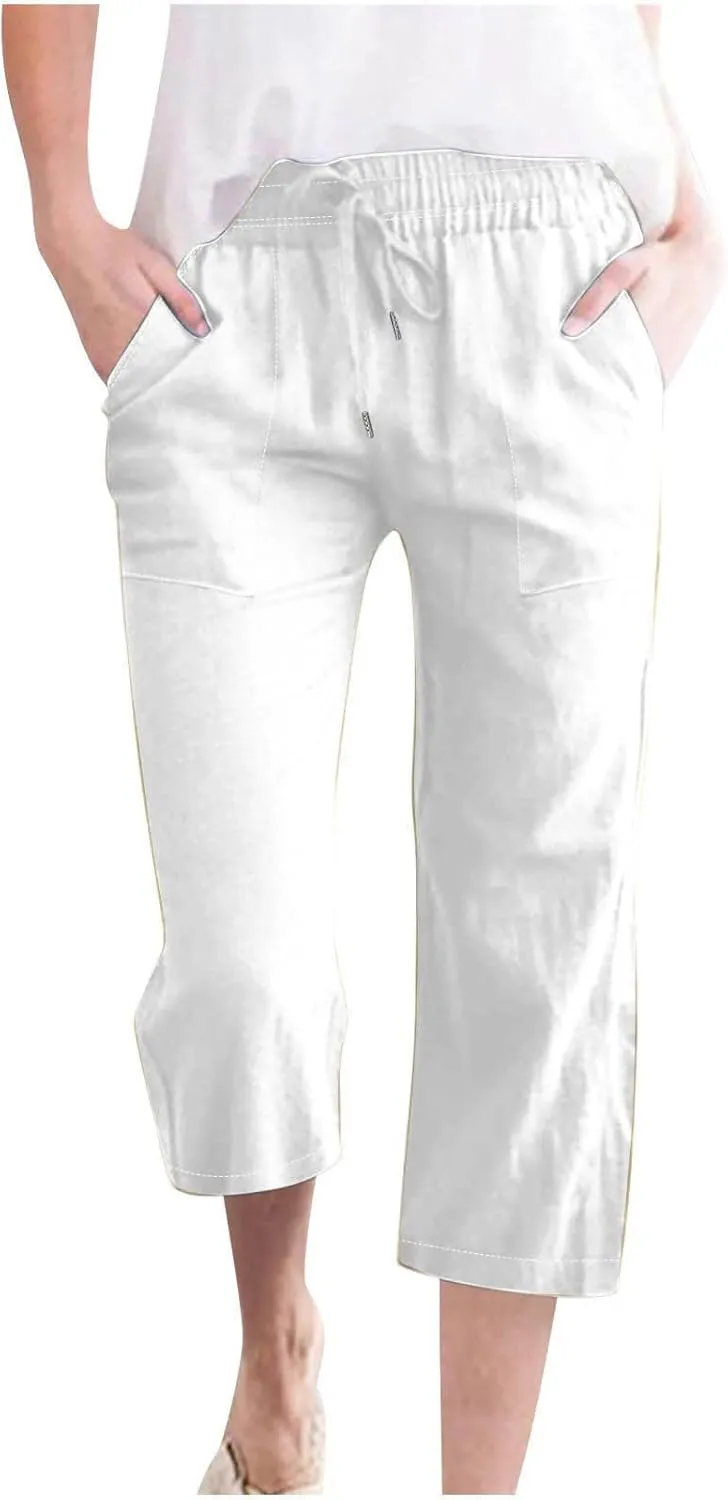 Women Cotton Linen Capri Pants Summer Capris Straight Leg Trousers with Pocket High Waist Casual Dress Pant Solid Color