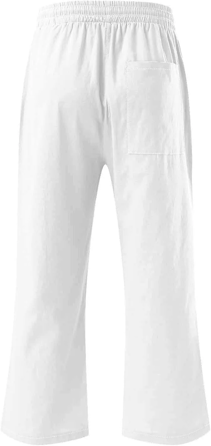 Women Cotton Linen Capri Pants Summer Capris Straight Leg Trousers with Pocket High Waist Casual Dress Pant Solid Color
